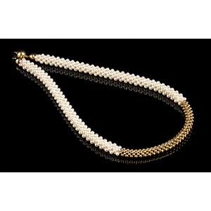 Woven mesh freshwater pearls gold necklace   ... 