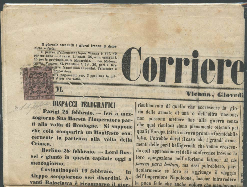 1.3.1855, Giornale affrancato con un 9c. ... 