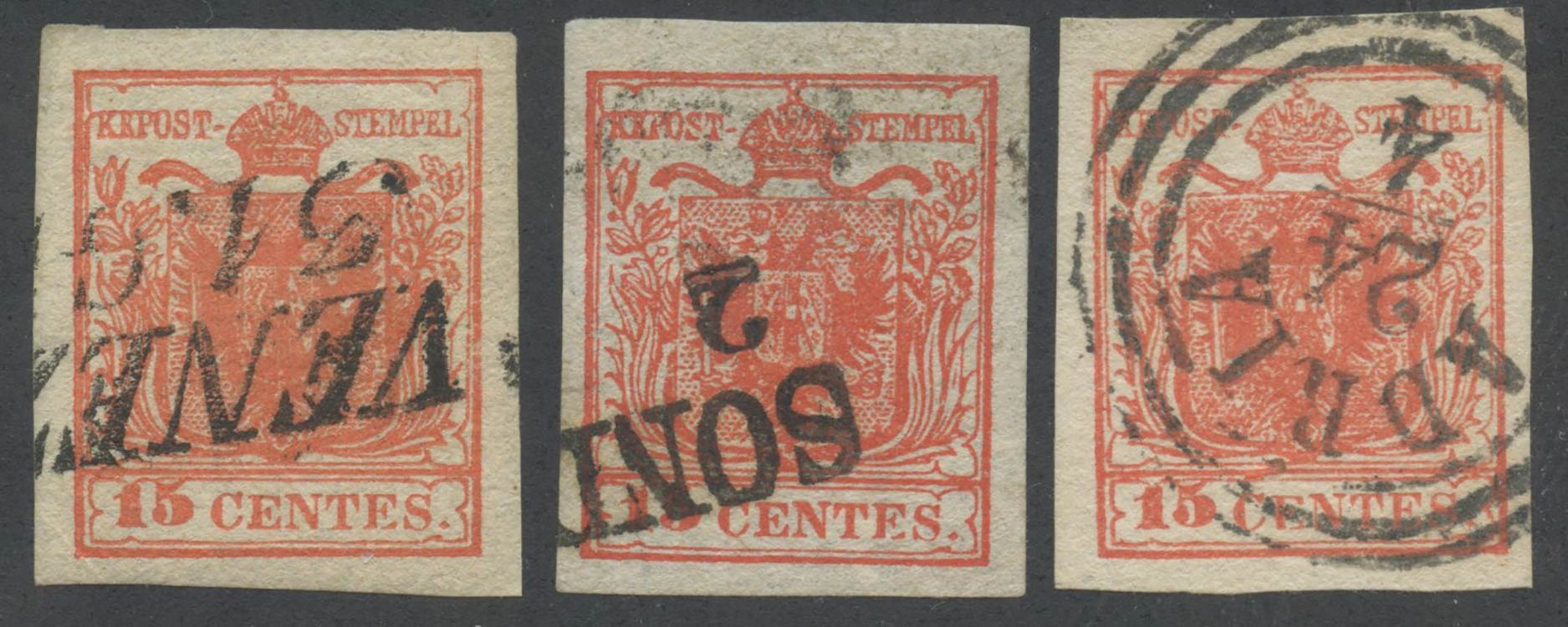 1850, 15c. II tipo N.4 in tre differenti ... 