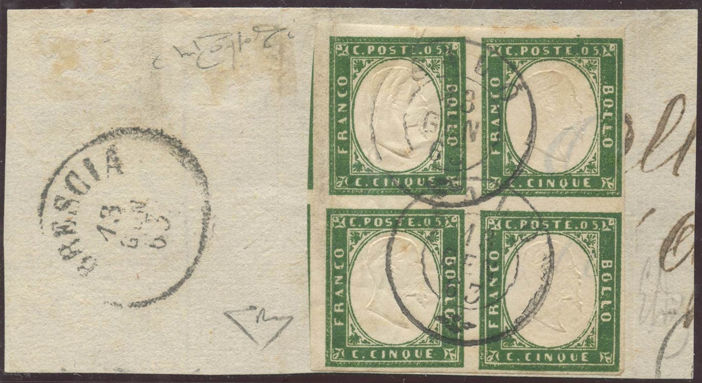 1863, 5c. N.13D Verde Scuro in quartina ... 