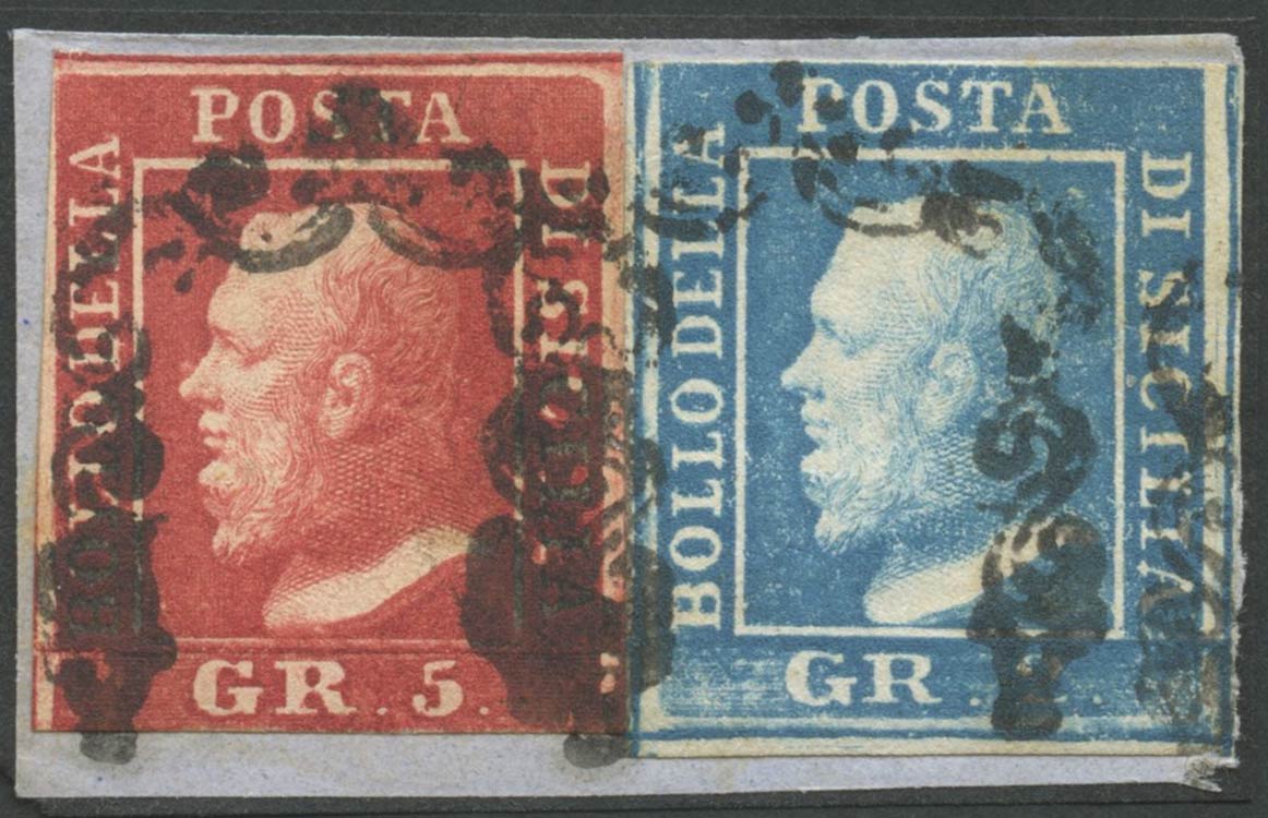 1858, 5gr Carminio N.9a e 2gr. Azzurro N.7 ... 