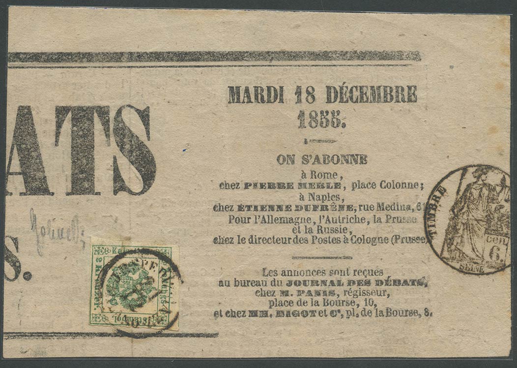 1853, Francobolli per Giornali 2Kr. Verde ... 
