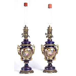 Pair of French ceramic oil lamps - 19th ... 