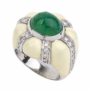 Enamel emerald diamond band ring ... 