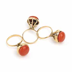 3 coral gold rings  18k yellow ... 