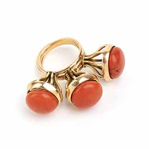 3 coral gold rings  18k yellow ... 