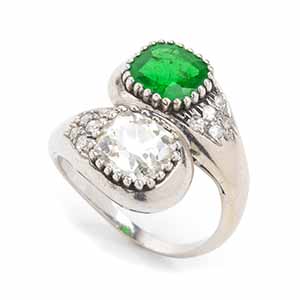Emerald diamoind platinum ring - 1920s  ... 