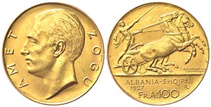 ALBANIA. Repubblica. 100 Franga Ari 1927. Au ... 
