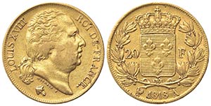 FRANCIA. Luigi XVIII (1814-1824). 20 Franchi ... 