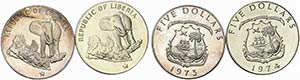 Liberia. Lotto di 2 monete. 5 Dollari 1973 ... 
