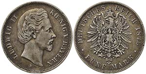 GERMANIA. Bavaria. 5 Mark 1876 D. Ag. ... 