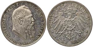 GERMANIA. Bavaria. 5 Mark 1911 D. Ag. ... 