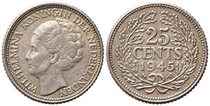 OLANDA. Guglielmina I (1890-1948). 25 Cents ... 