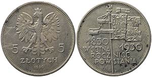 POLONIA. 5 Zlotych 1930 Centenario della ... 
