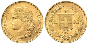 SVIZZERA. 20 Franchi 1890. Au (21mm, 6.44g). ... 