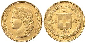 SVIZZERA. 20 Franchi 1896. Au (21mm, 6.46g). ... 