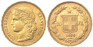 SVIZZERA. 20 Franchi 1896. Au (21mm, 6.46g). ... 
