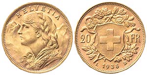 SVIZZERA. 20 Franchi 1935. Au (21mm, 6.46g). ... 