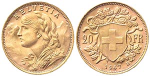SVIZZERA. 20 Franchi 1947. Au (21mm, 6.46g). ... 