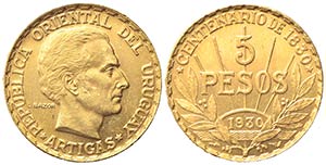 URUGUAY. Repubblica. 5 Pesos 1930. Au (22mm, ... 