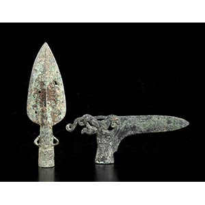 A BRONZE SPEARHEAD AND A BRONZE AXE  China, ... 