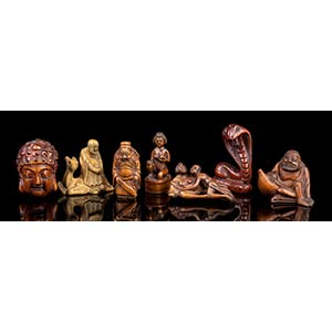 SEVEN WOOD AND STONE SMALL SCULPTURES China, ... 