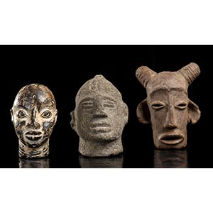 THREE HEADS, ONE IN BRONZE, ONE IN POTTERY, ... 