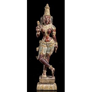 A PAINTED WOOD FEMALE DEITY  India, 20th ... 