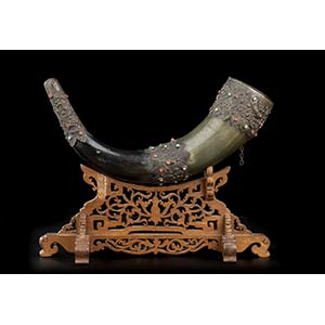 A STONE INLAID HORN AND METAL CONTAINER ... 