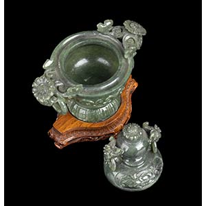 A GREEN STONE VASE AND LID China, ... 