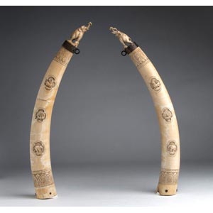 A pair of carved ivory fangs - ... 