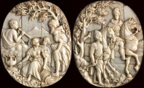 A pair of small ivory plaques depicting a ... 