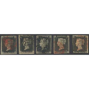 1840, Penny Black, 5 stamps of mixed ... 