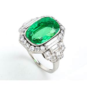 Deco-style platinum emerald diamond ring - ... 