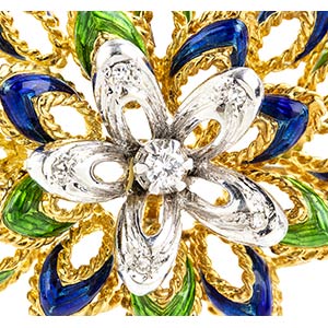 Enamel diamond floral gold brooch ... 
