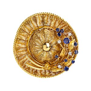 Sapphires diamond gold hat brooch - mark of ... 