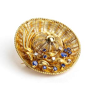 Sapphires diamond gold hat brooch ... 
