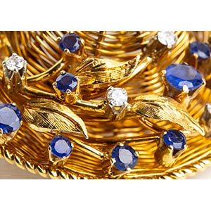 Sapphires diamond gold hat brooch ... 