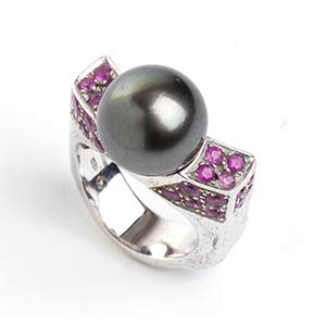 Tahitian pearl ruby gold ring - signed ... 
