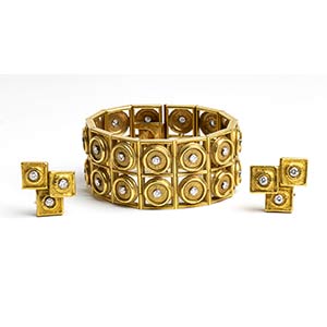 Yellow gold and diamond bracelet and earring ... 
