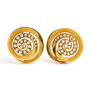 Pair of gold and diamond spiral motif ... 