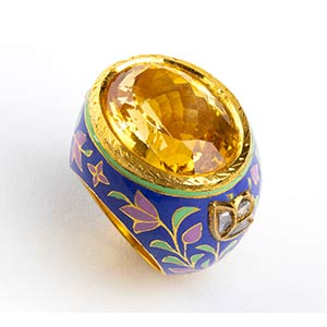 Gold enamel citrin quartz diamonds band ring ... 