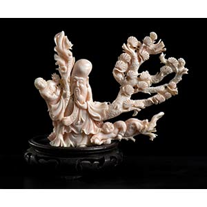 A PINK CORAL SCULPTURE WITH SHOULAOChina, ... 