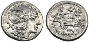 Furius Purpurio, Denarius, Rome, 169-158 BC; ... 