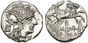 M. Marcius Mn.f., Denario, Roma, 134 a.C.; ... 