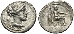 M. Porcius Cato, Denario, Roma, 89 a.C.; AR ... 