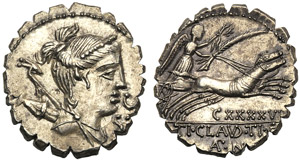 Ti. Claudius Ti.f. Ap.n., Denarius serratus, ... 
