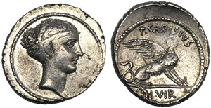 T. Carisius, Denario, Roma, 46 a.C.; AR (g ... 