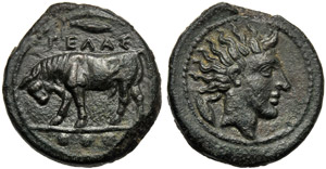 Sicily, Tetras, Gela, c. 420-407 BC; AE (g ... 