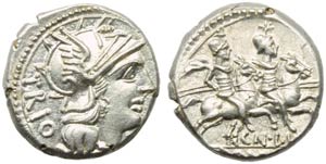 Cn. Lucretius Trio, Denario, Roma, 136 a.C.; ... 